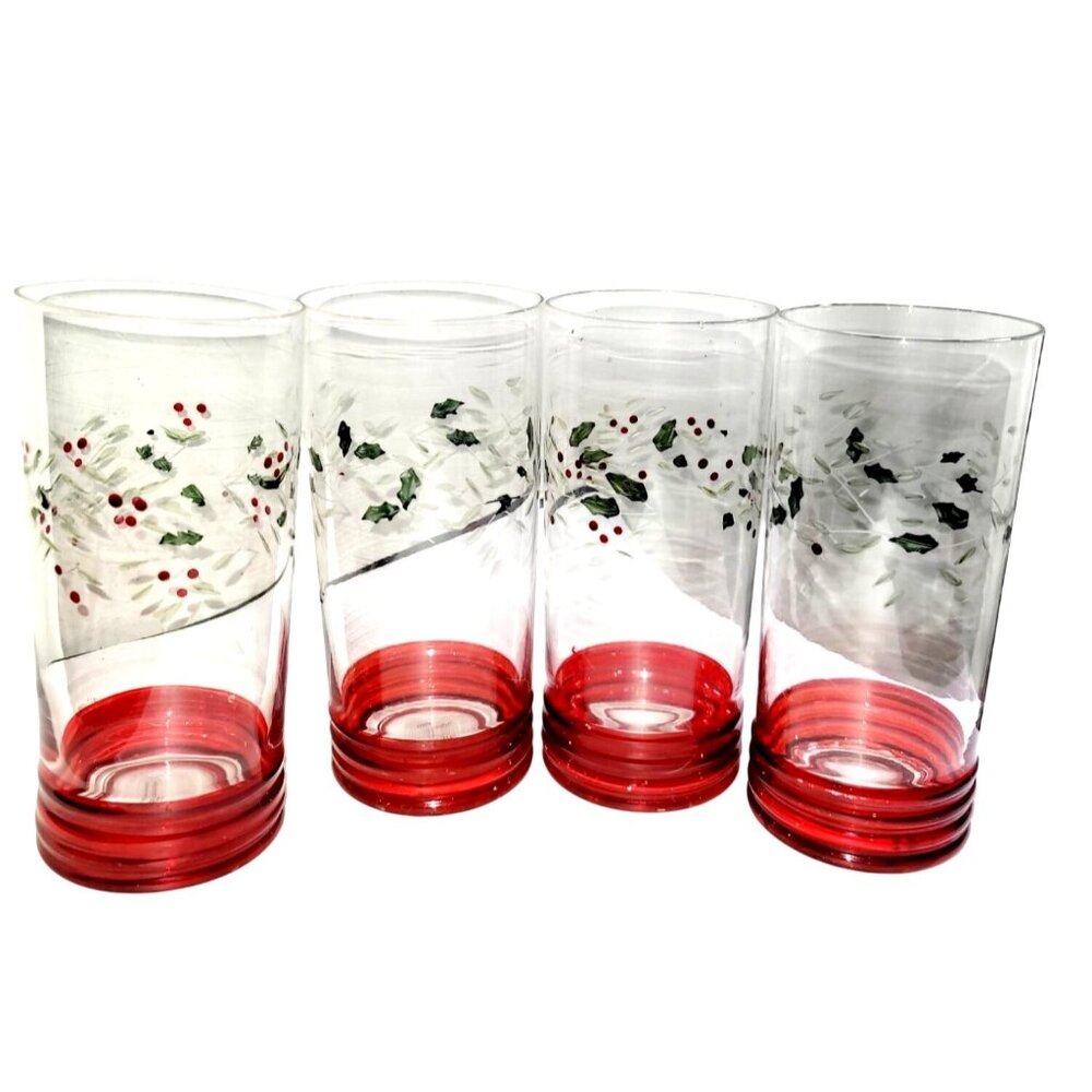 Pfaltzgraff Winterberry Tumblers or Highball Glasses Set of 4 Hand Painted 20 Oz